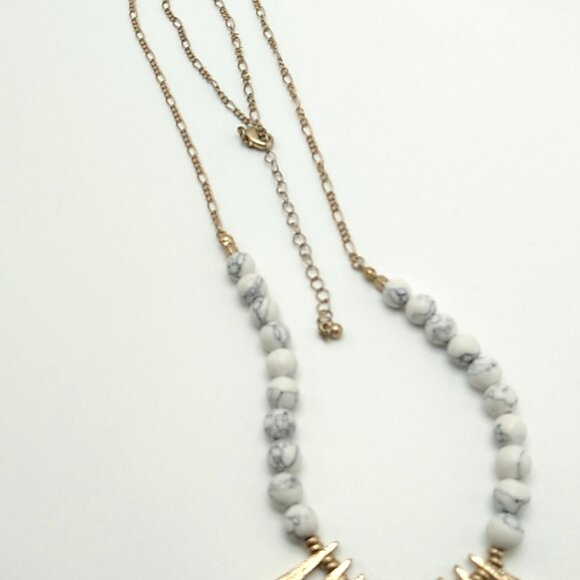 Long Marbled Beaded Statement Necklace with Gold-tone Textured Bar Pendants - Picture 8 of 16